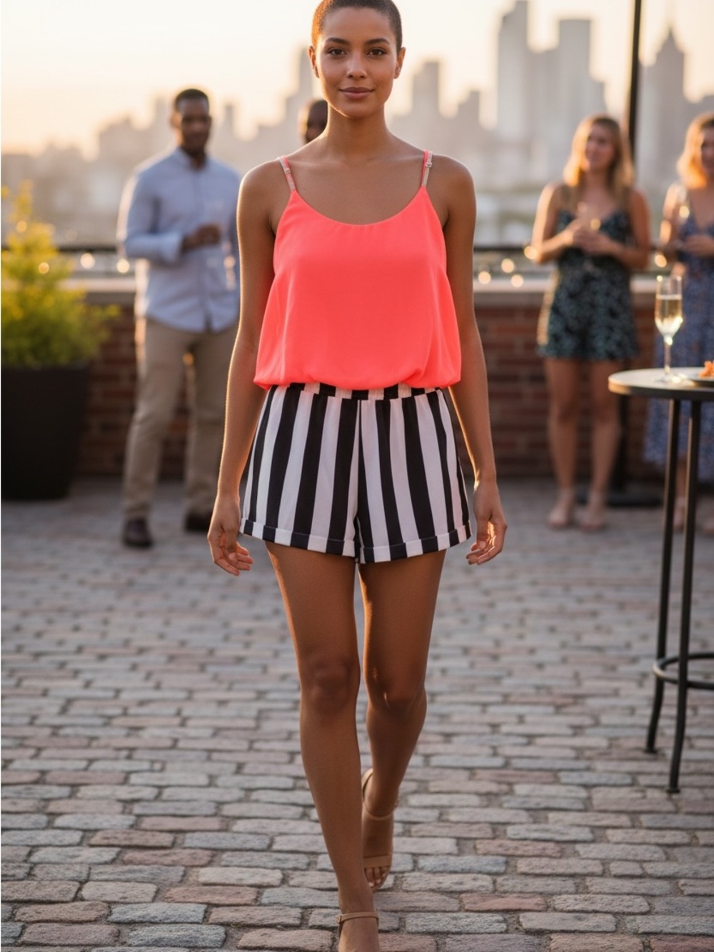 High-Waist Black & White Vertical Stripe Romper